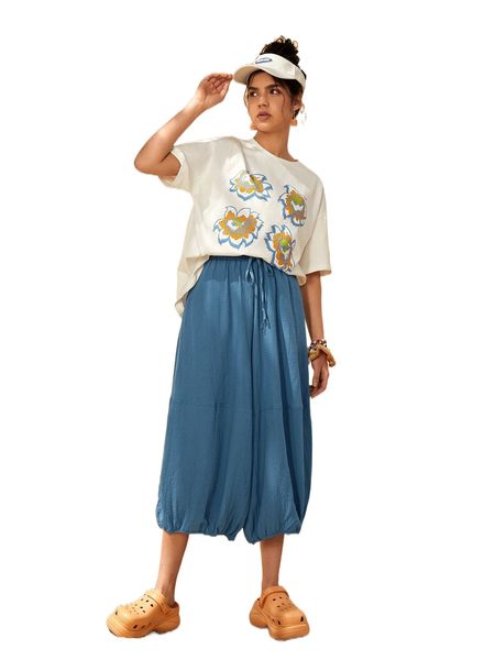 

drawstring waist wide leg pants x1gj#, Black;white