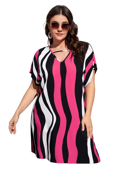 

plus block striped batwing sleeve dress c9kh#, Black