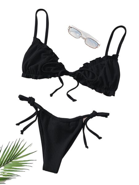 

lettuce trim tie front bikini swimsuit v107#, White;black