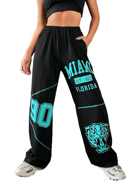 

tiger & letter graphic slant pocket pants e6av#, Black;white