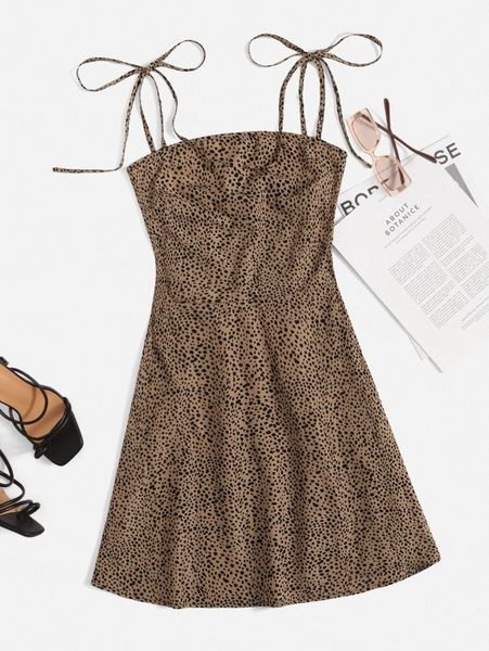 

knot strap shirred back dalmatian print slip dress 904w#, Black;gray