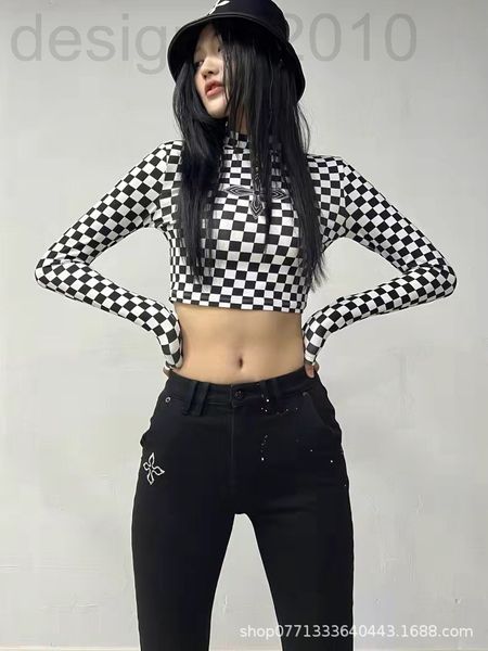 

women's polos designer chaopai 22 spring and summer new black white check high collar cross print exposed navel short long sleeve t-shi
