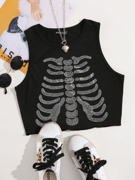 

rhinestone skeleton pattern tank k6od#, White