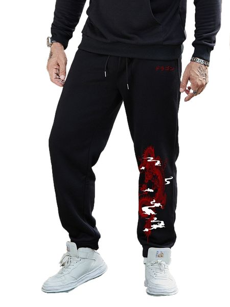 

men dragon & japanese letter graphic sweatpants k8vf#, Black