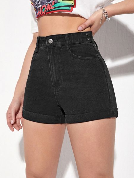 

high waist roll hem denim shorts q07e#, White;black