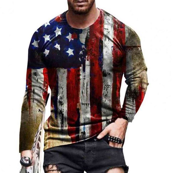 T-shirt da uomo vintage bandiera americana stampa uomo maniche lunghe top autunno moda o collo slim fit pullover top abbigliamento maschile L220704