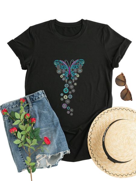 

plus butterfly and floral print tee l2fn#, Black