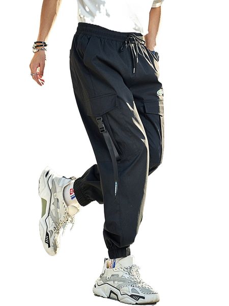 

men buckled flap pocket letter patch detail drawstring cargo pants 64qw#, Black