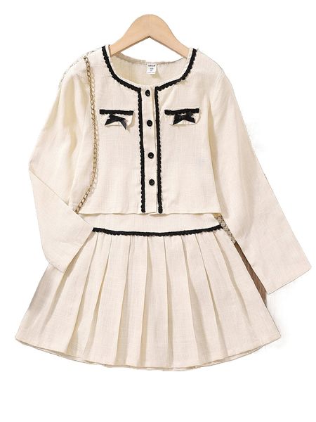 

girls bow front button up blouse & pleated skirt q7a8#, Black;white