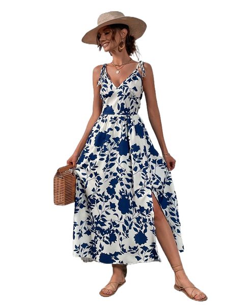 

floral print tie shoulder cami dress w6yf#, Black;gray