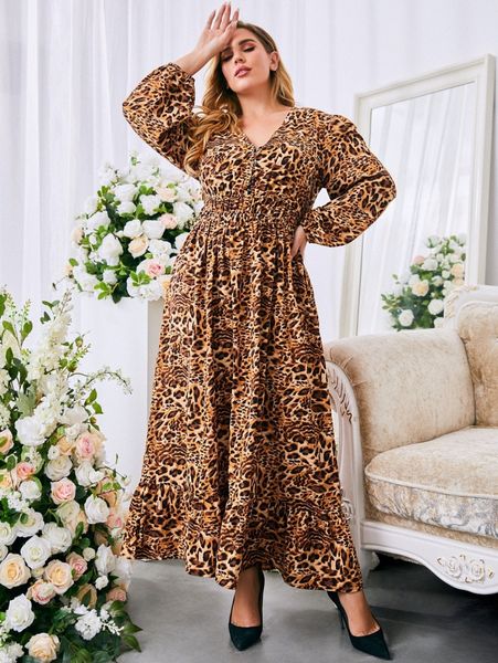 

sbetro plus leopard print ruffle hem dress h5ju#, Black