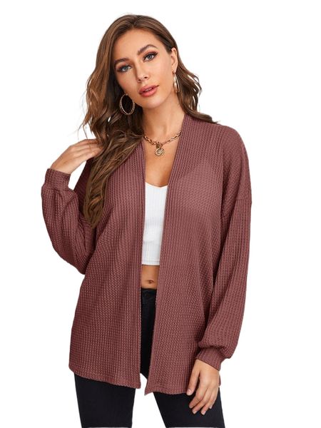 

drop shoulder waffle knit coat c6pl#, Black