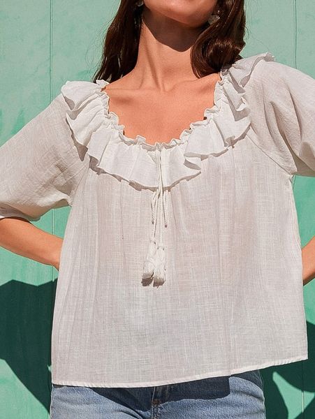 

flounce sleeve ruffle trim knot front g3oj#, White