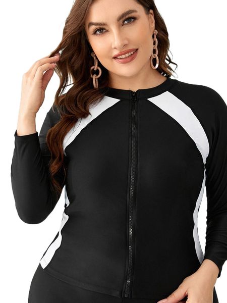 

plus colorblock zip front tankini t193#, White;black