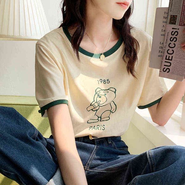 

american short sleeve t-shirt women's 2022 summer design sense of contrast color splicing foreign style aging top, White