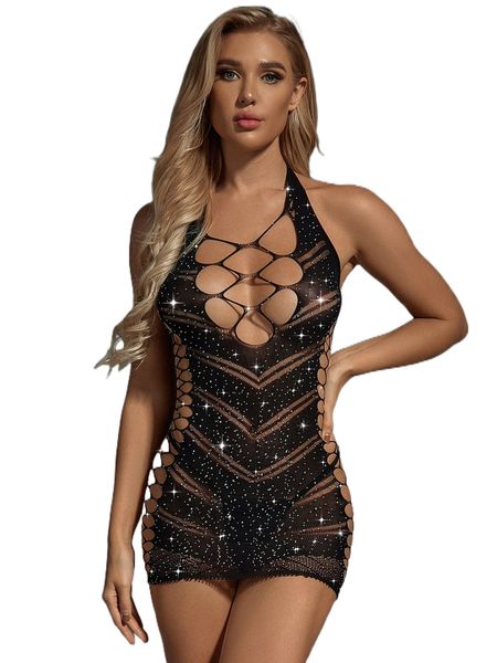 

rhinestone studded fishnet halter dress without thong 21tn#, Black;red