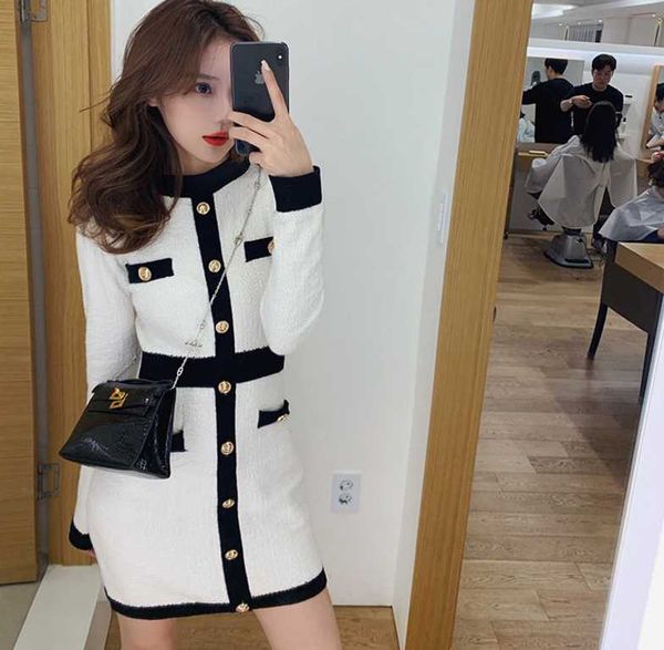 

casual dresses retro knitted dress women long sleeve single-breasted 2022 autumn womans black white patchwork mini vestidos, Black;gray