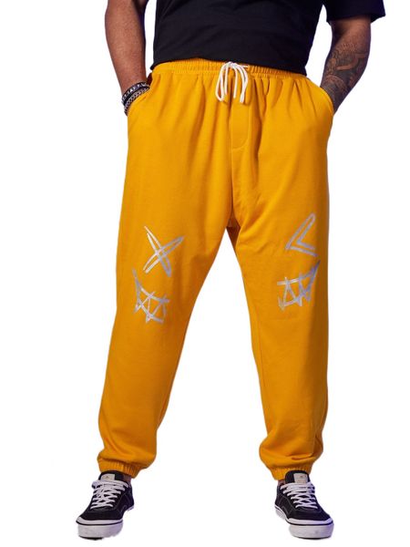 

extended sizes men expression print drawstring waist sweatpants c98u#, Black