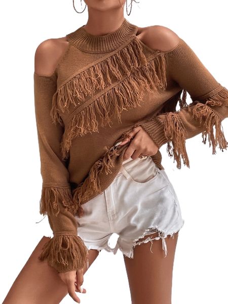 

fringe trim cold shoulder sweater w3vw#, White;black