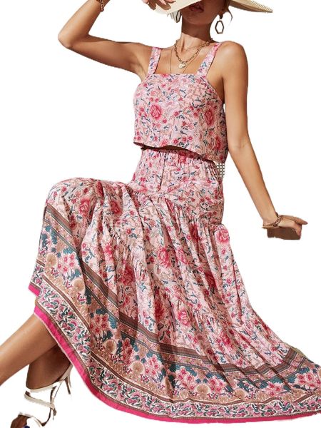 

allover floral print cami & ruffle hem skirt z6qy#, White