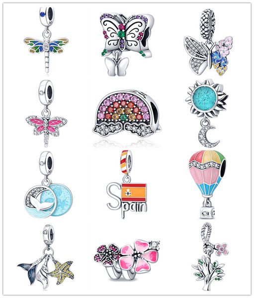 Новый S925 Серебряные серебряные бусины с бисером с бисером оригинал, браслет, бретель, цветочный бабочка, дракоза, мода, подвесные аксессуары для подвесной девушки Diy Lady Gift Jewelry