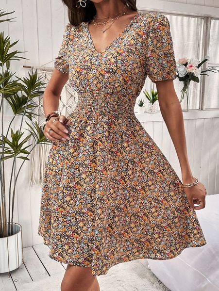 

ditsy floral print puff sleeve shirred dress w6tx#, Black;gray