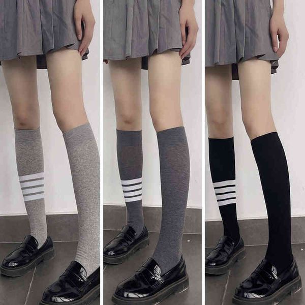 

spring and autumn jk cotton net red ins tide medium long tube gray four bar stripe asymmetric luminous calf socks tb socks, Black;white
