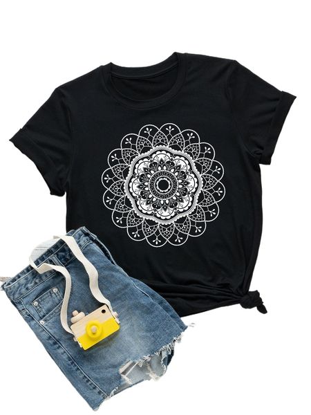 

women's plus size t-shirt mandala print tee apparel sgtym7z9#, Black