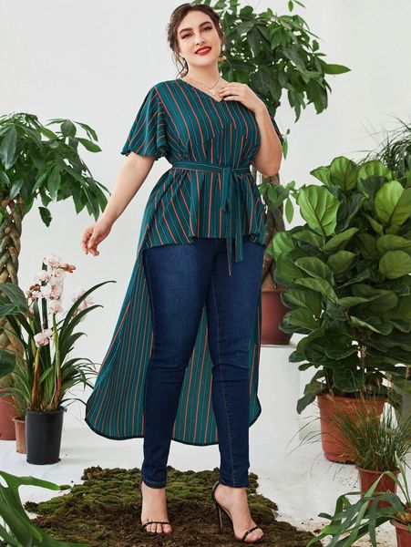 

plus colorful striped flutter sleeve high low belted blouse h1en#, Black