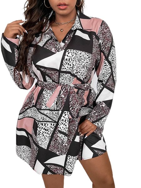

plus patchwork print belted shirt dress e60g#, Black