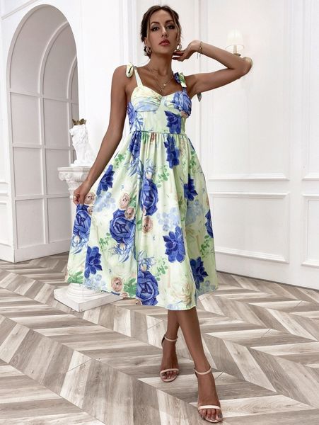 

floral tie strap slit hem cami dress x31s#, Black;gray