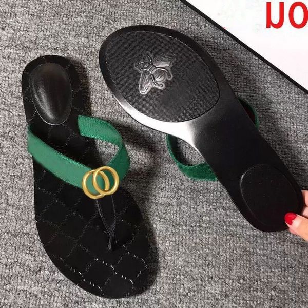 

classic men's slippers summer rubber sole beach slippers letter bee flat designer sandals metal buckle lazy ladies loafers flip-flops l, Black
