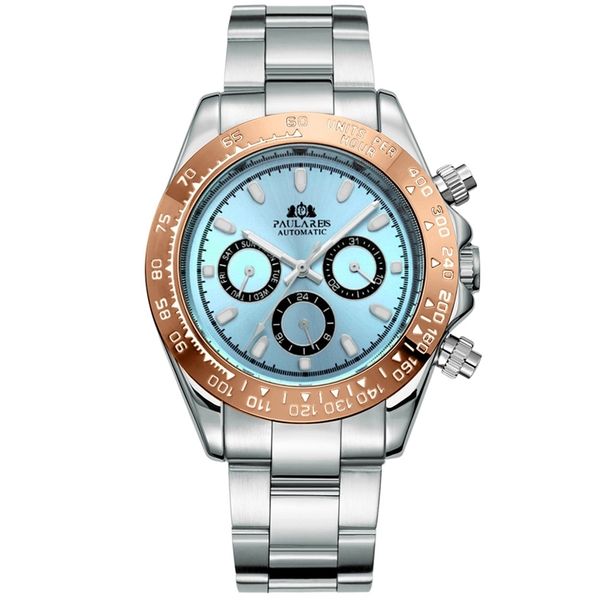 

automatic watches self wind mechanical gold stainless steel glacier ice blue dial chestnut brown bezel luminous men watch, Slivery;brown