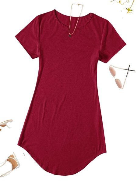 

plus solid curved hem dress 227m#, Black