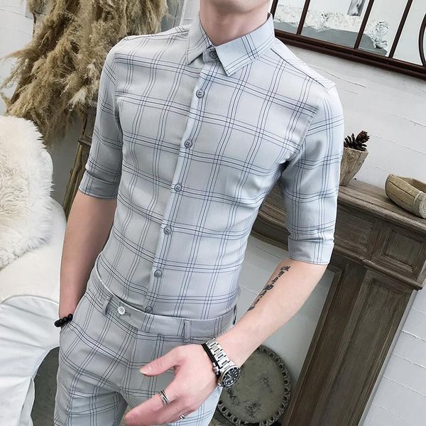 Tute da uomo Fashion Plaid 2 pezzi Set camicia e pantaloni Pullover British Summer Men Casual Erkek Giyim Slim Fit Social Club Outfits