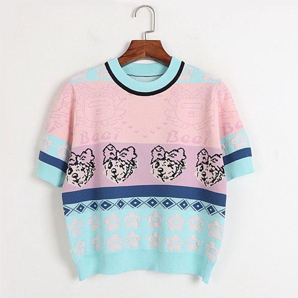 

216 2022 milan runway spring summer brand same style sweater short sleeve pink crew neck striped pullover womens dl, White;black