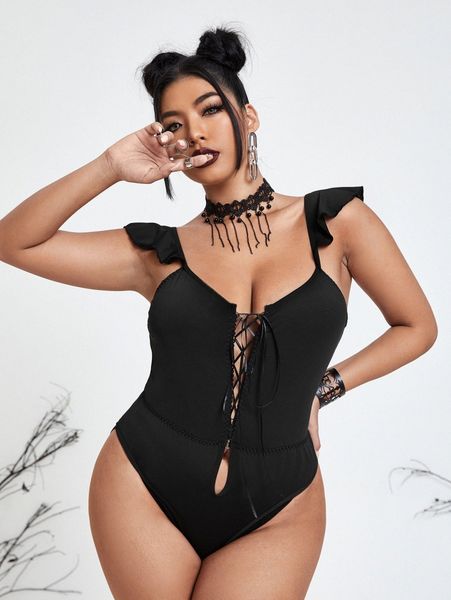 

plus lace up front teddy bodysuit c6mf#, Black;white
