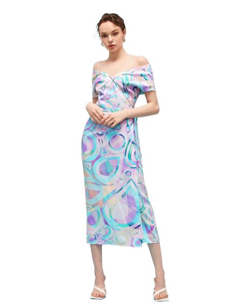 

x chanda redux geo print wrap tie side halter dress o4u4#, Black;gray