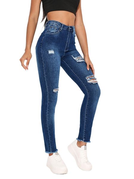 

zipper fly ripped raw hem skinny jeans r5y7#, Blue