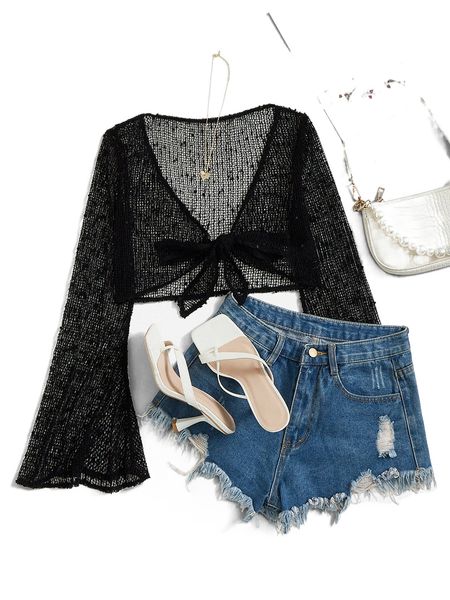 

knot front flounce sleeve crop mesh w6y0#, White