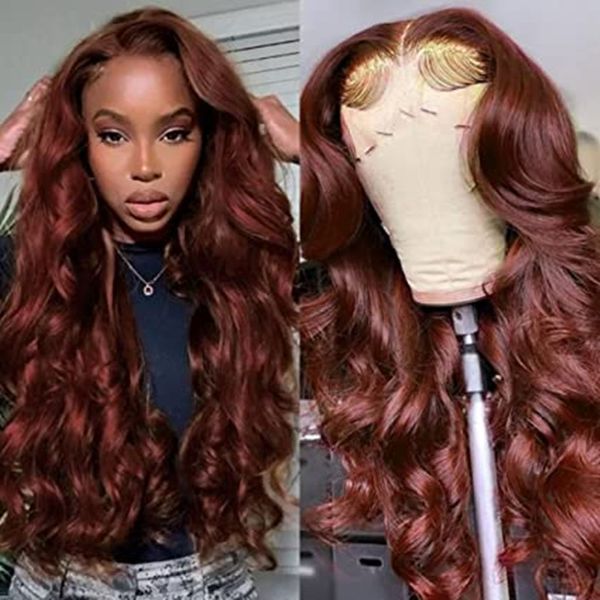 Kırmızımsı kahverengi dantel ön vücut dalga peruk kadın için insan saçı Brezilyalı dalgalı peruklar ön önceden koparılmış Babyhair Auburn Bakır Kırmızı 33# Renk% 150 Yoğunluk