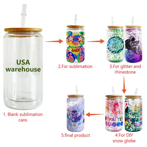 

us warehouse 12oz 16oz 20oz sublimation tumblers double wall snow globe mug with bamboo lid and straw glitter diy clear cup