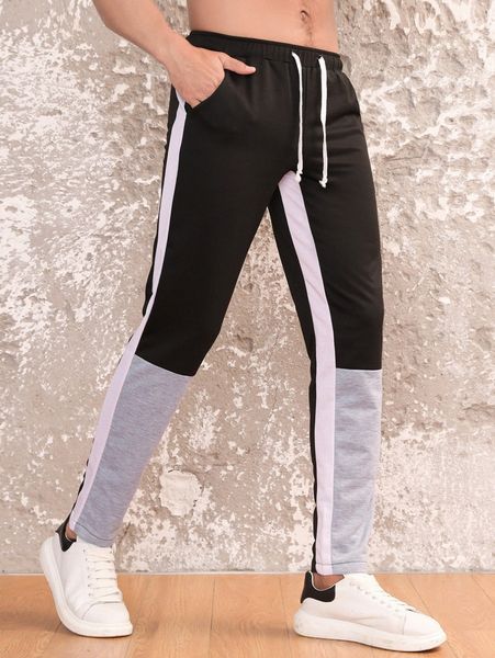 

men drawstring waist colorblock sweatpants 83ds#, Black