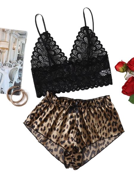 

leopard satin floral lace lingerie set i0uo#, Black;red