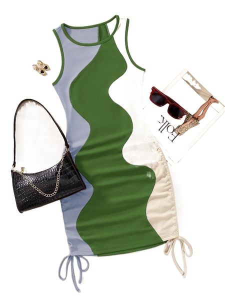 

drawstring side color block bodycon tank dress p0k6#, Black;gray