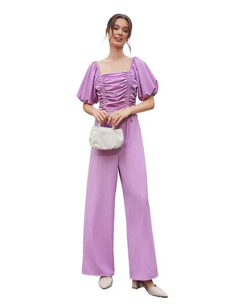 

drawstring ruched puff sleeve jumpsuit c98w#, Black;white