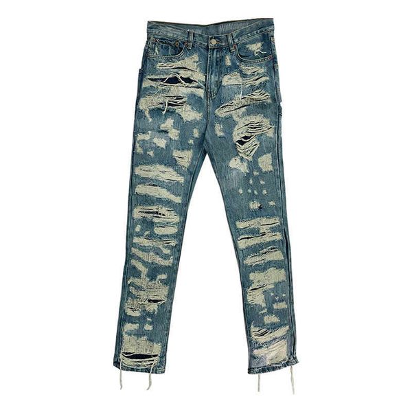

men's jeans autumn and winter new products ts same exaggerated pasted cloth slim straight tube red eared ox king damaged embroidery pat, Blue