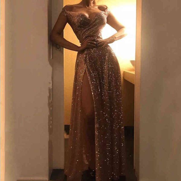 

designer women's prom dresses 2022 women's one shoulder v-neck gold bright piece dresses split skirt, Black
