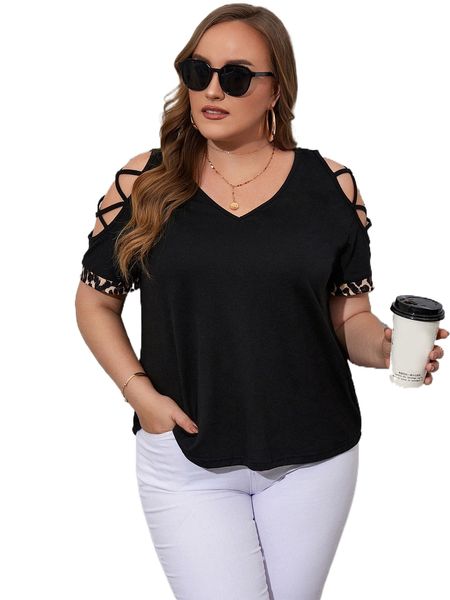 

plus criss cross cut out sleeve tee n7ej#, Black