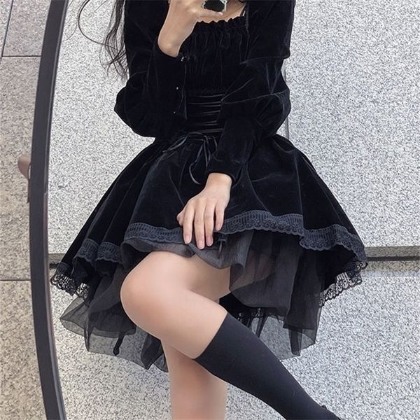 2022 Frühling Schwarz Samt Y2k Mini Kleid Frau Gothic Kawaii Lolita Kleid Party Langarm Koreanische Mode Kleid Spitze Design schlank 220317